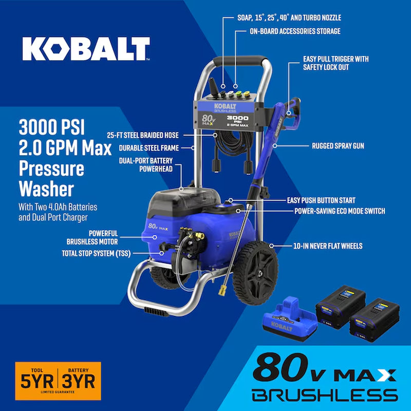 3000-PSI 2-GPM Cold Water Battery Pressure Washer with 5 Spray Tips 4 Ah (Battery Included) (Charger Included)