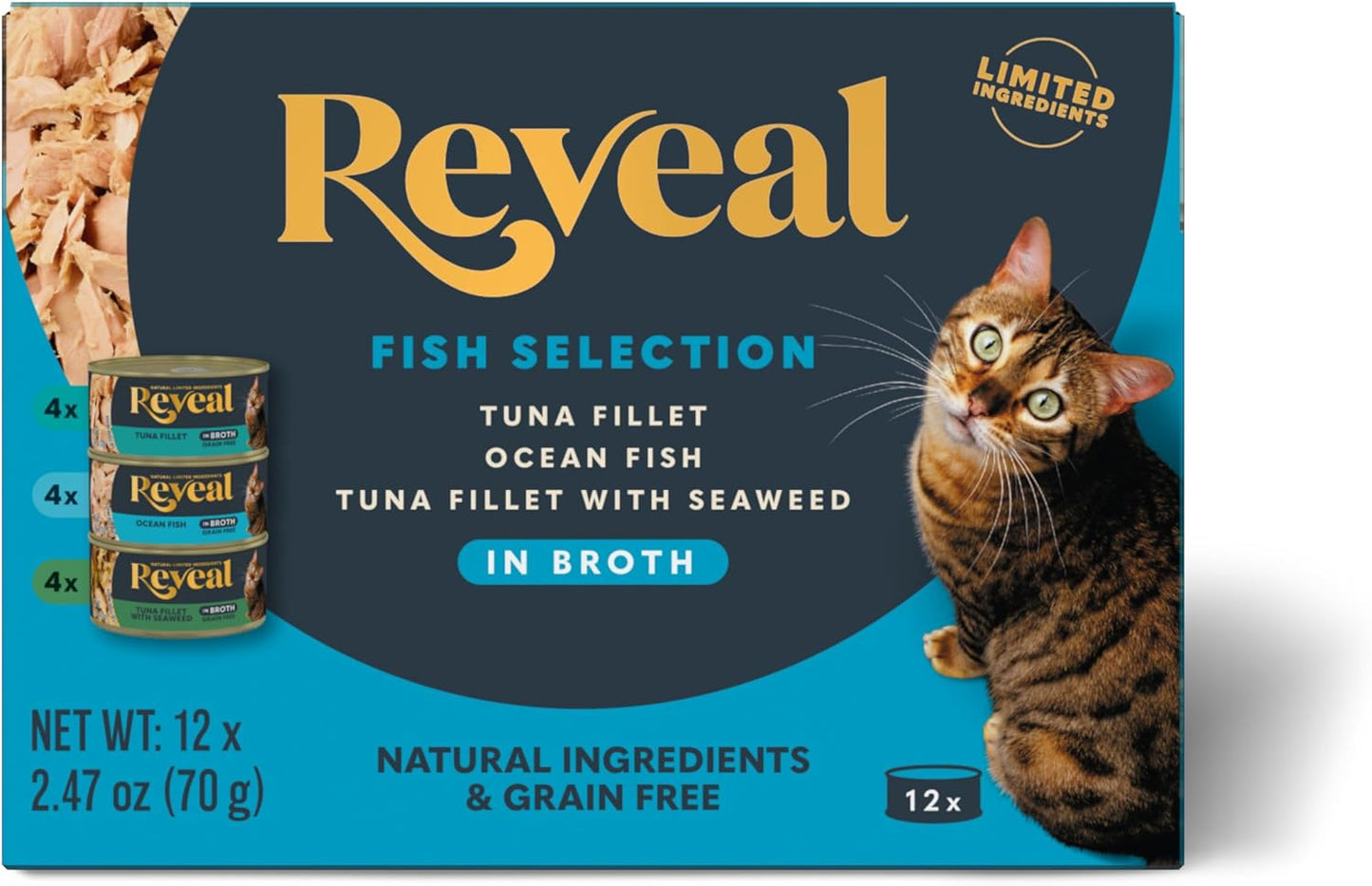 Natural Wet Canned Cat Food, Limited Ingredient, Grain-Free, High Protein with No Artificial Additives, Fish Variety in Broth (12 X 2.47 Oz Cans)