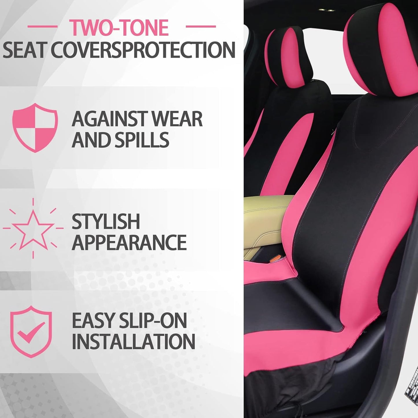 17 Pcs Car Seat Cover Full Set for Women Fluffy Fuzzy Car Accessories Christmas Front Rear Steering Wheel Fleece Handbrake Shift Covers Hanging Accessory Holder Ring Emblem(Pink Black)