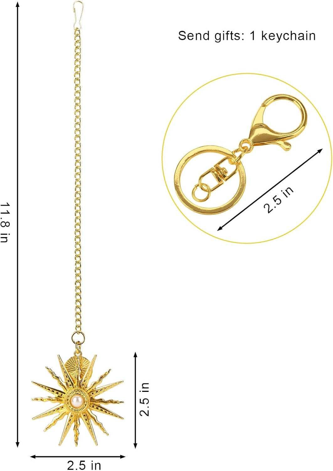 Sun Hanging Rear View Mirror Accessories, Boho Aesthetic Keychain Rearview Mirror Hanging Car Charm Ornament for Women & Men (Gold)