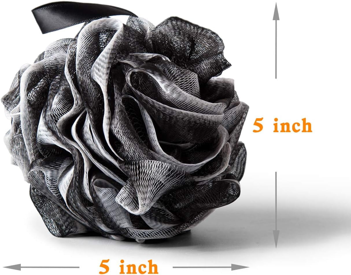4 Pack Loofahs Bath Shower Scrub Exfoliating Body Brush Pouf Scrubber Sponge Ball Mesh Bath Loofah , Black