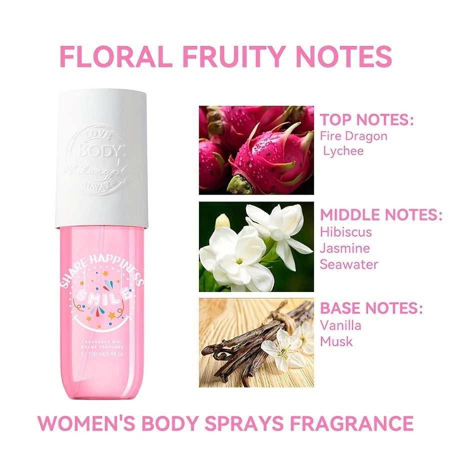 100ml/3.4fl.oz Women's Body Mist Spray, , "Smile Happiness" Fragrance Mist With Floral Fruity Notes, Fire Dragon, Lychee, Hibiscus, Jasmine, Seawater & Vanilla, For All Occasions Gift For Women
