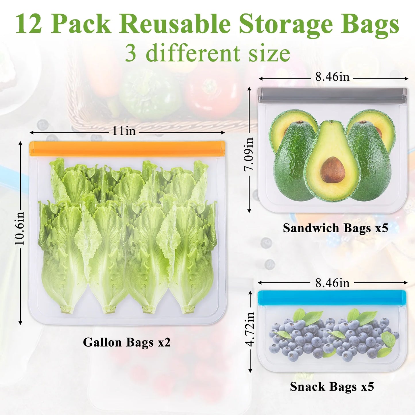 12 Pack Reusable Freezer Bags, Reusable Gallon Food Storage Bags Leakproof Bags
