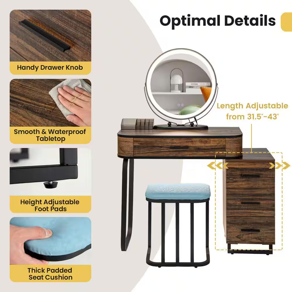 Brown 4 Drawer 31.5 In. Vanity Table Set with 3-Color Lighted Mirror and Charging Station Chest of Drawers