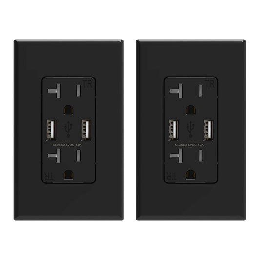 USB Wall Outlet Receptacle with Dual 4.0 a Ports, 20 Amp Duplex Tamper Resistant, Charging Power Outlet, Wall Plate Included, UL Listed (2 Pack, Glossy Black)
