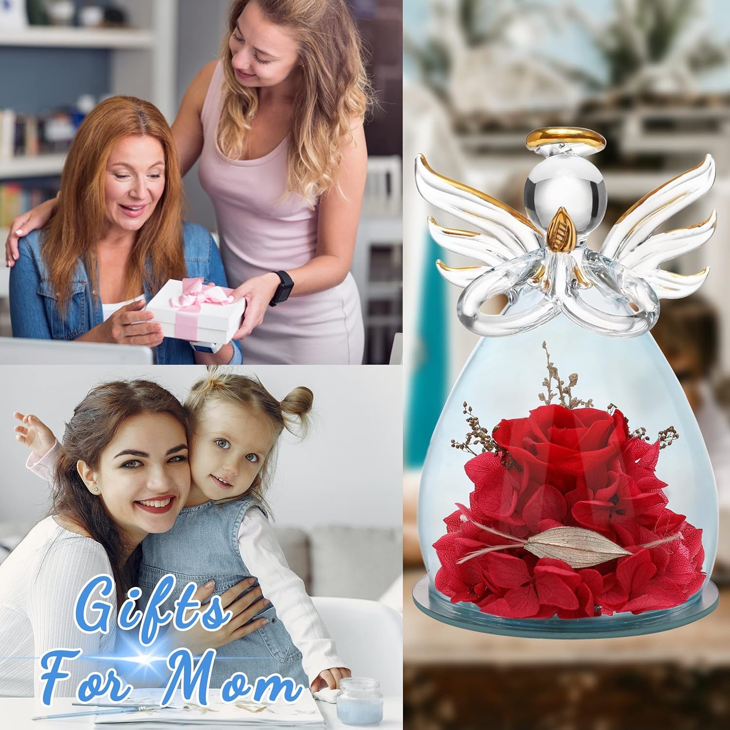Preserved Rose Birthday Gifts for Women Mom Grandma Wife, Glass Angel Figurines Gifts with Pretty Red Flowers for Anniversary Wedding