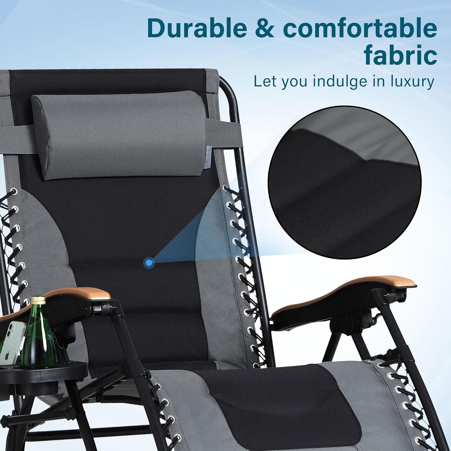 Zero Gravity Chairs, Oversized Patio Recliner Chair, Padded Folding Lawn Chair with Cup Holder Tray, Support 400Lbs, Grey