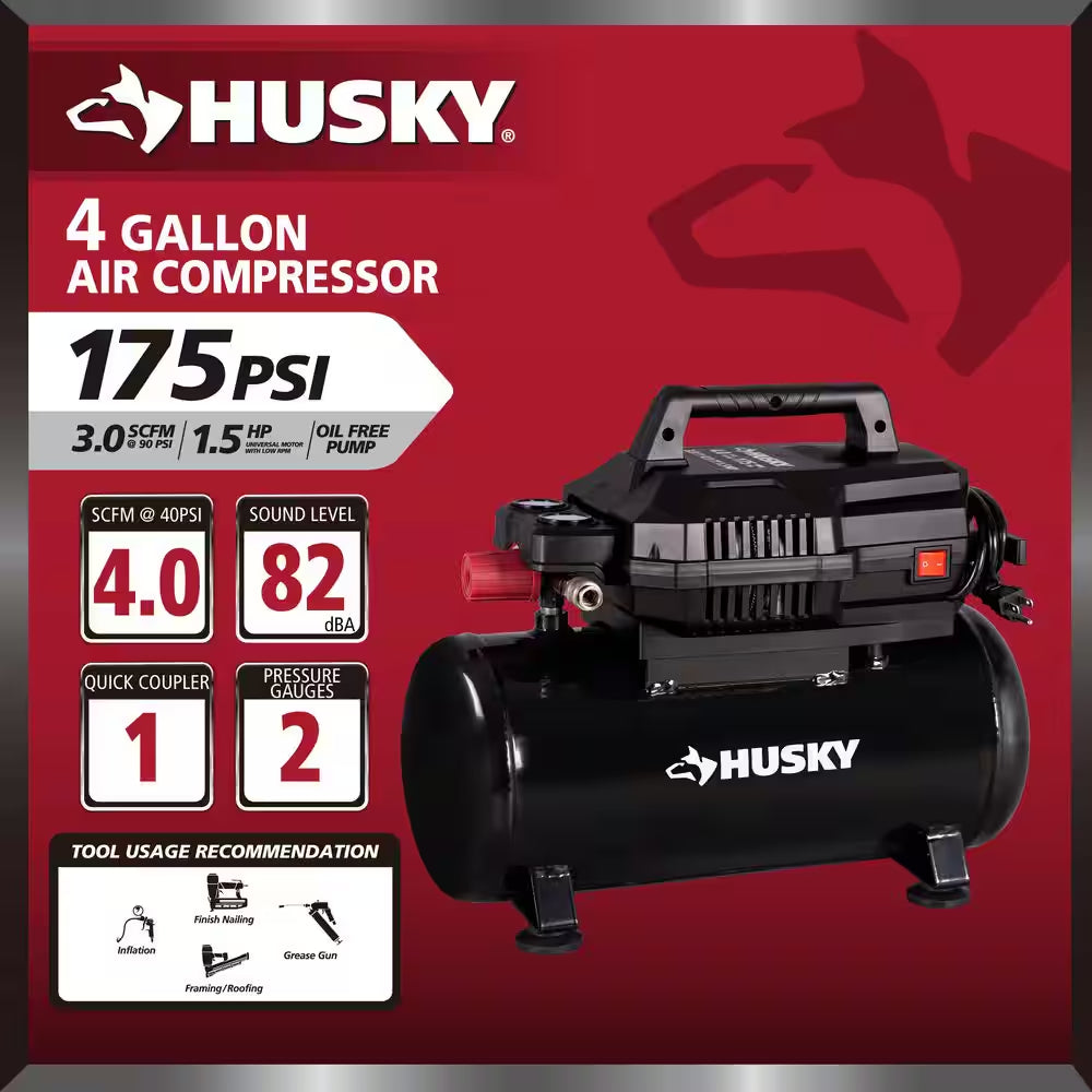 4 Gal. 175 PSI Electric Oil-Free High Performance Air Compressor with 25 Ft. Air Hose and 2-In-1 Brad Nailer/Stapler