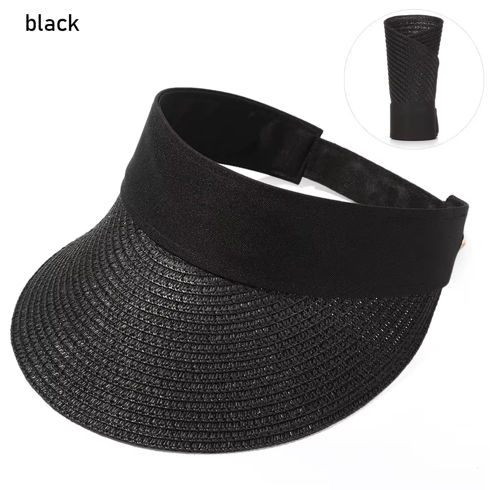 Summer Empty Top Suncap Portable Foldable Magic Tape Roll-Up Beach Hat Wide Brim Women Sun Hat Fashion Casual Straw Cap Visors
