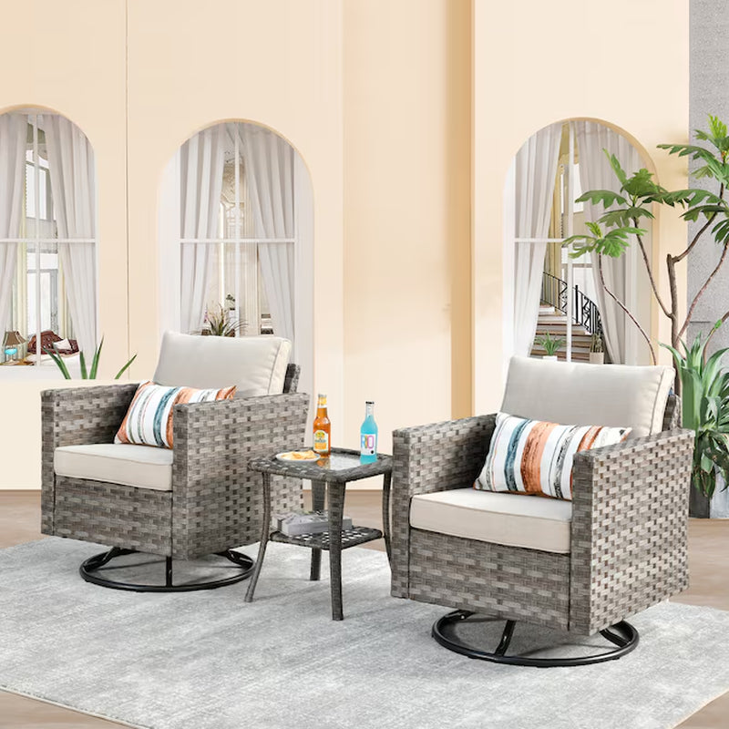 Shine Set of 2 Rattan Gray Swivel Rocker Rocking Chair with Orange Cushioned Seat