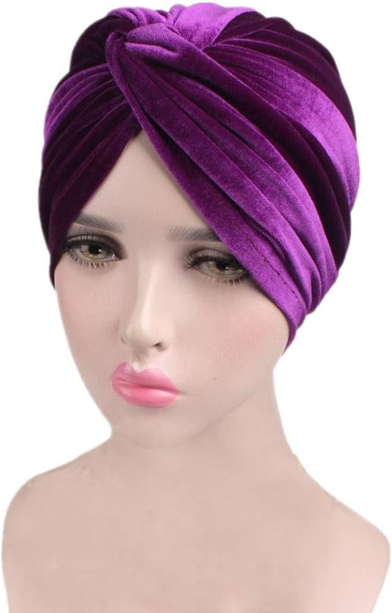Women'S Stretch Velvet Twist Pleasted Hair Wrap Turban Hat Cancer Chemo Beanie Cap Headwear