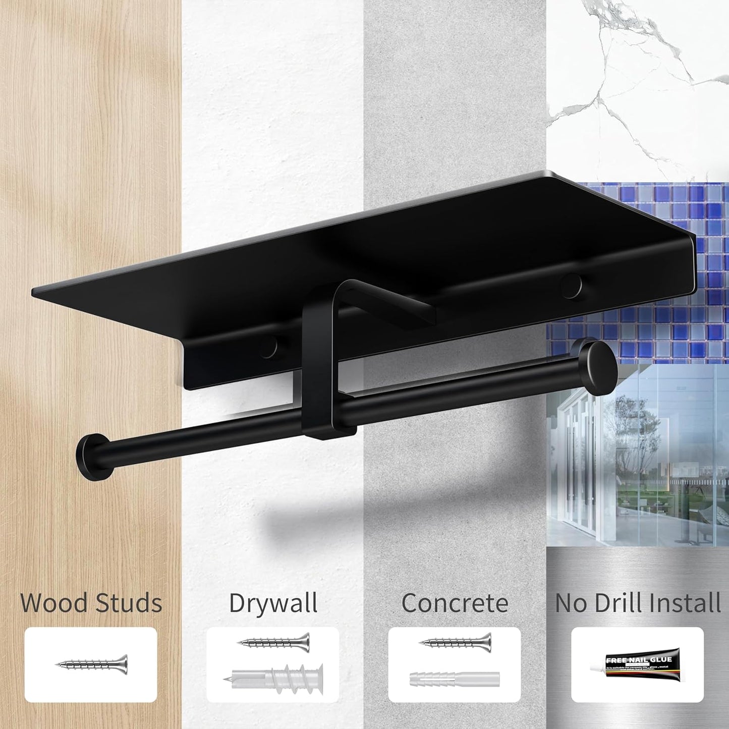 Matte Black Toilet Paper Holder with Shelf, Wall-Mounted Bathroom Organizer, Double Roll