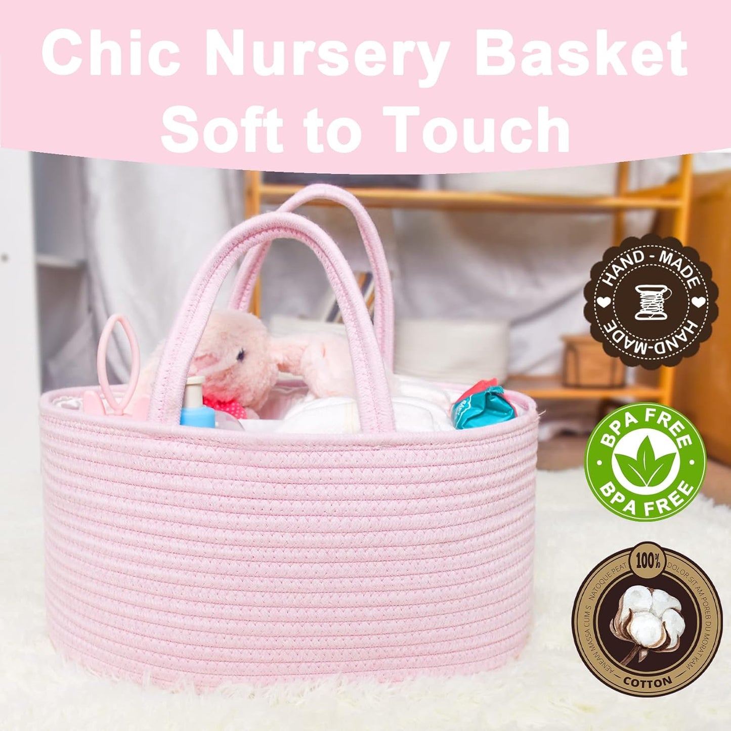 Diaper Caddy Organizer - Cotton Rope Nursery Storage Basket for Baby Essentials, Boys & Girls Shower Gift, Changing Table Organizer