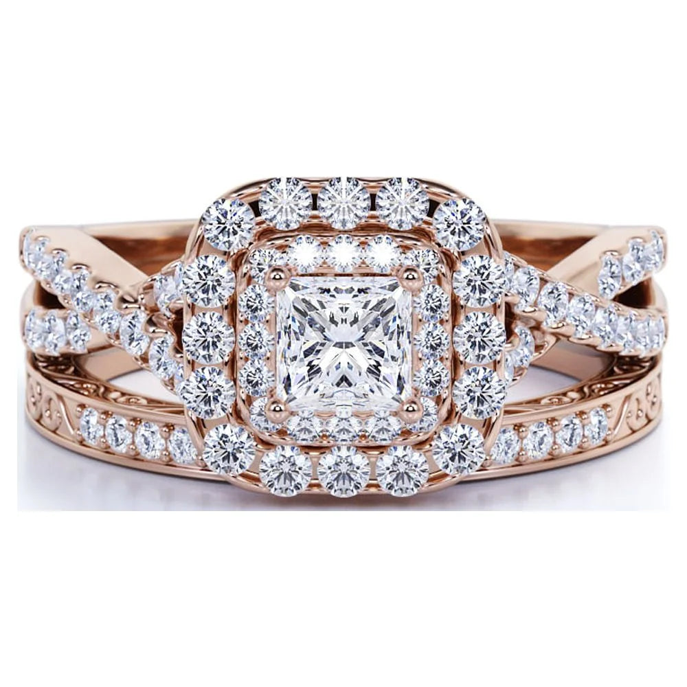 1.75 Carat Princess Cut Moissanite Engagement Ring - Bridal Ring - Double Halo Ring - Cluster Ring - 18K Rose Gold over Silver