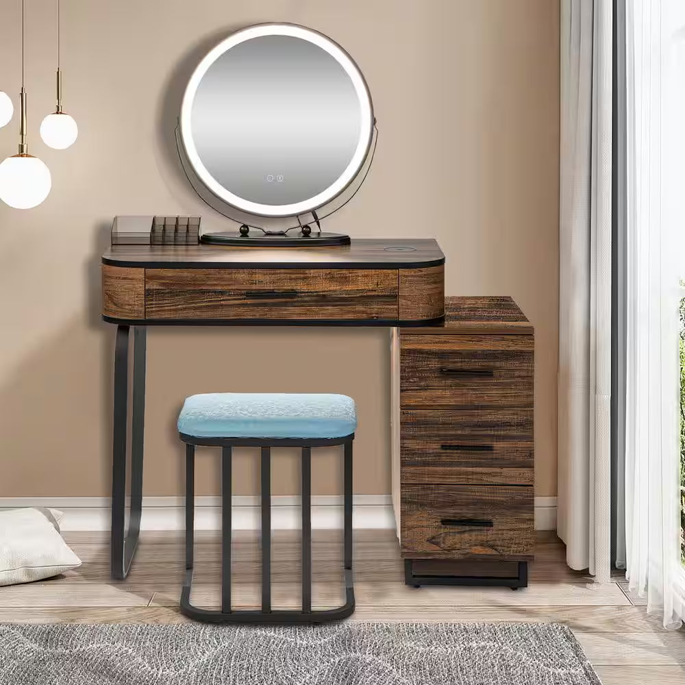 Brown 4 Drawer 31.5 In. Vanity Table Set with 3-Color Lighted Mirror and Charging Station Chest of Drawers