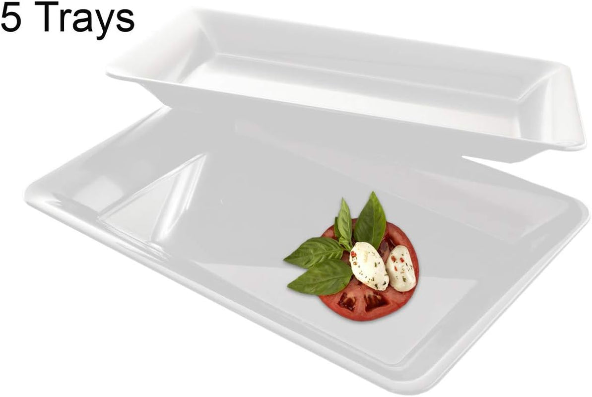 White Plastic 5 Pack Serving Trays, 10" X 14" Rectangular Platters, Elegant, Durable, BPA Free