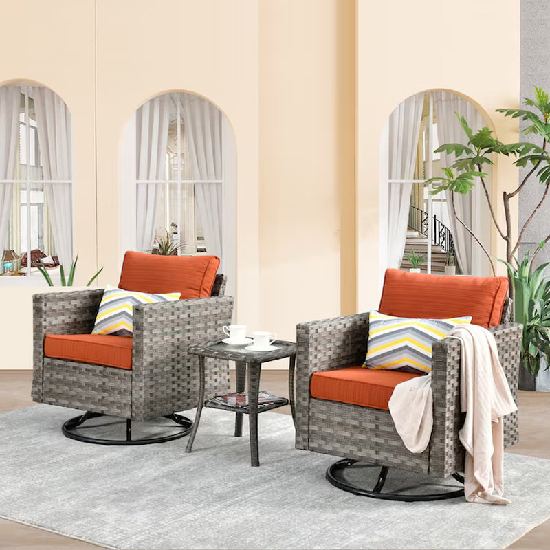 Shine Set of 2 Rattan Gray Swivel Rocker Rocking Chair with Orange Cushioned Seat