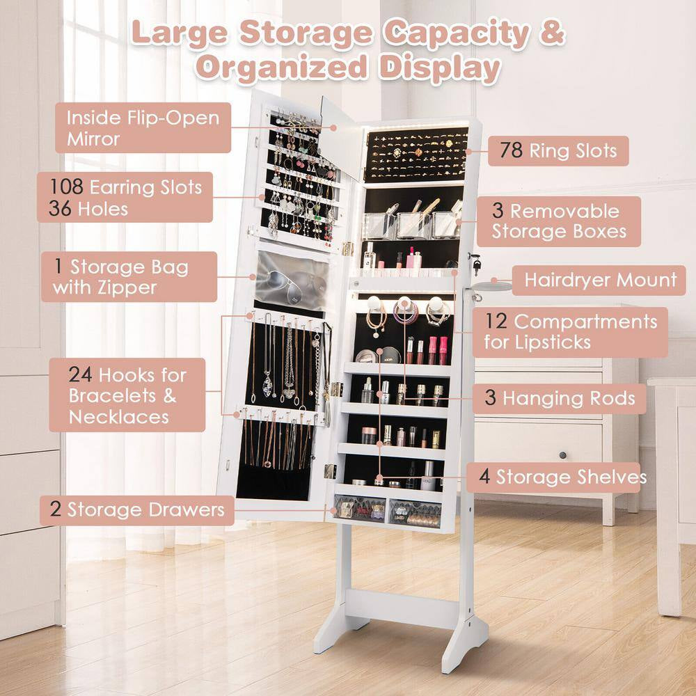 White Wood 16 In. W Standing Jewelry Armoire Cabinet Full Length Mirror Lockable with 3-Color LED Lights