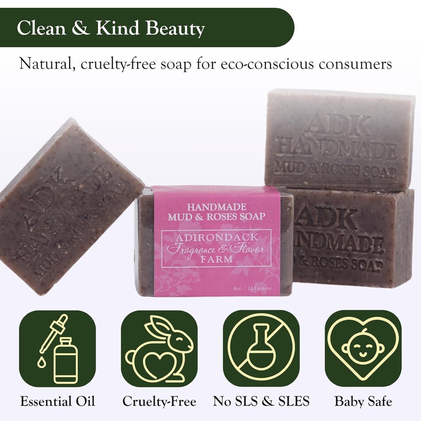 ADK Natural Mud & Rose Soap Bar 4 Oz., Handmade Vegan Olive Oil Body Soap for Dry and Sensitive Skin, Moisturising for Men, Women & Babies, Produced in the USA