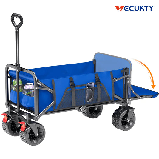 Collapsible Camping Garden Wagon, All-Terrain Tank Wheels for Camping with Extended Tailgate, Sports, Shopping, Beach, Support up to 330Lbs, Blue