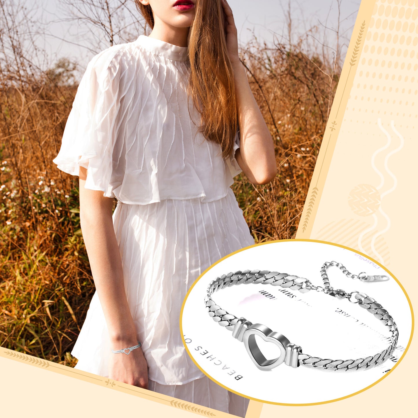 Women'S Chunky Cuban Link Bracelet Stainless Steel Flat Heart Chain Adjustable