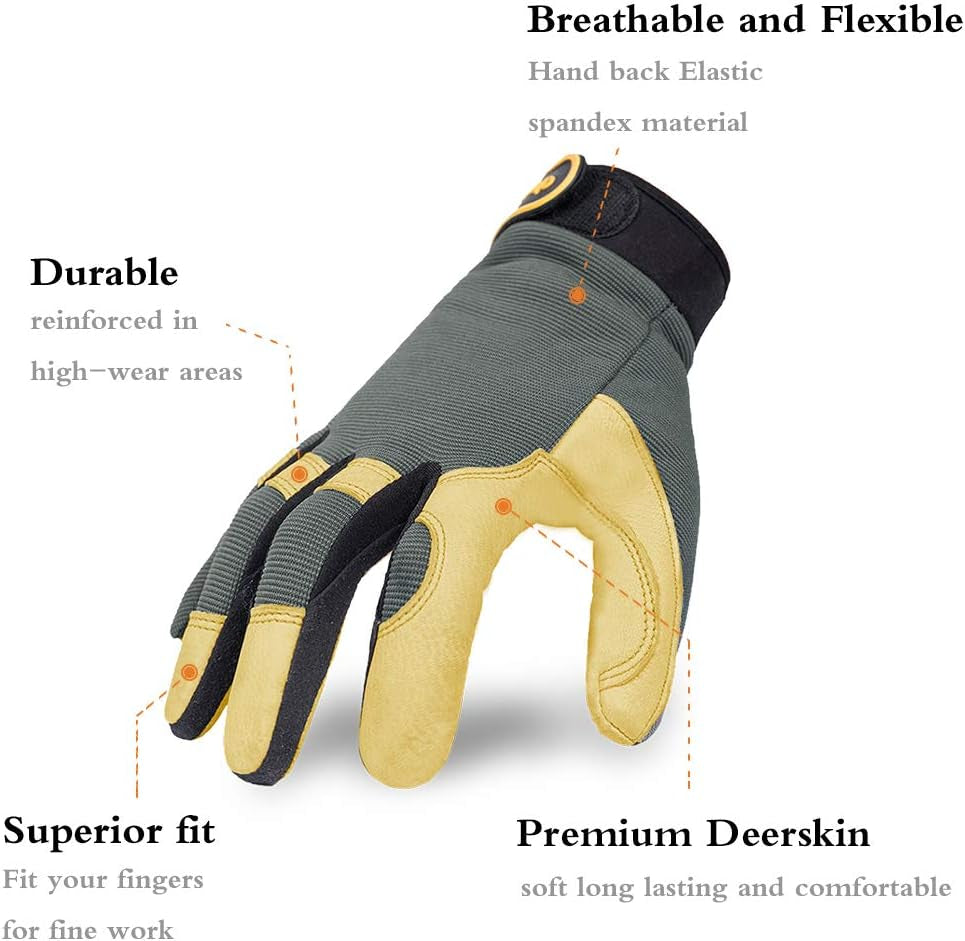General Work Gloves, Deerskin Construction Gloves,Soft, Improved Dexterity
