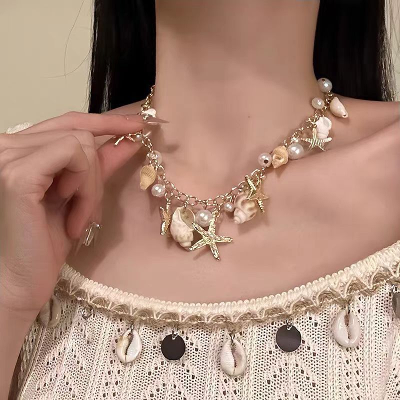Seaside vacation style, starfish shell tassel style, summer ocean beach, collarbone chain accessory for women