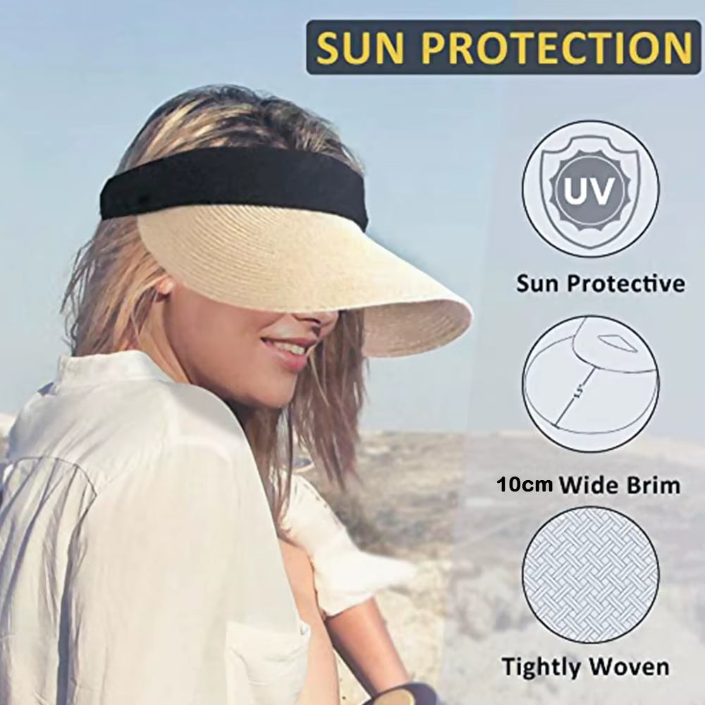Summer Empty Top Suncap Portable Foldable Magic Tape Roll-Up Beach Hat Wide Brim Women Sun Hat Fashion Casual Straw Cap Visors