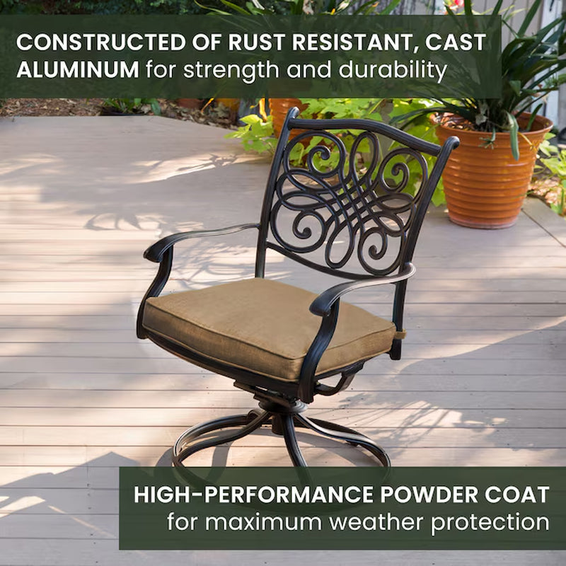 Traditions 5 -Piece Bronze Patio Dining Set Aluminum round Table with 4 Tan Cushions Swivel Chairs