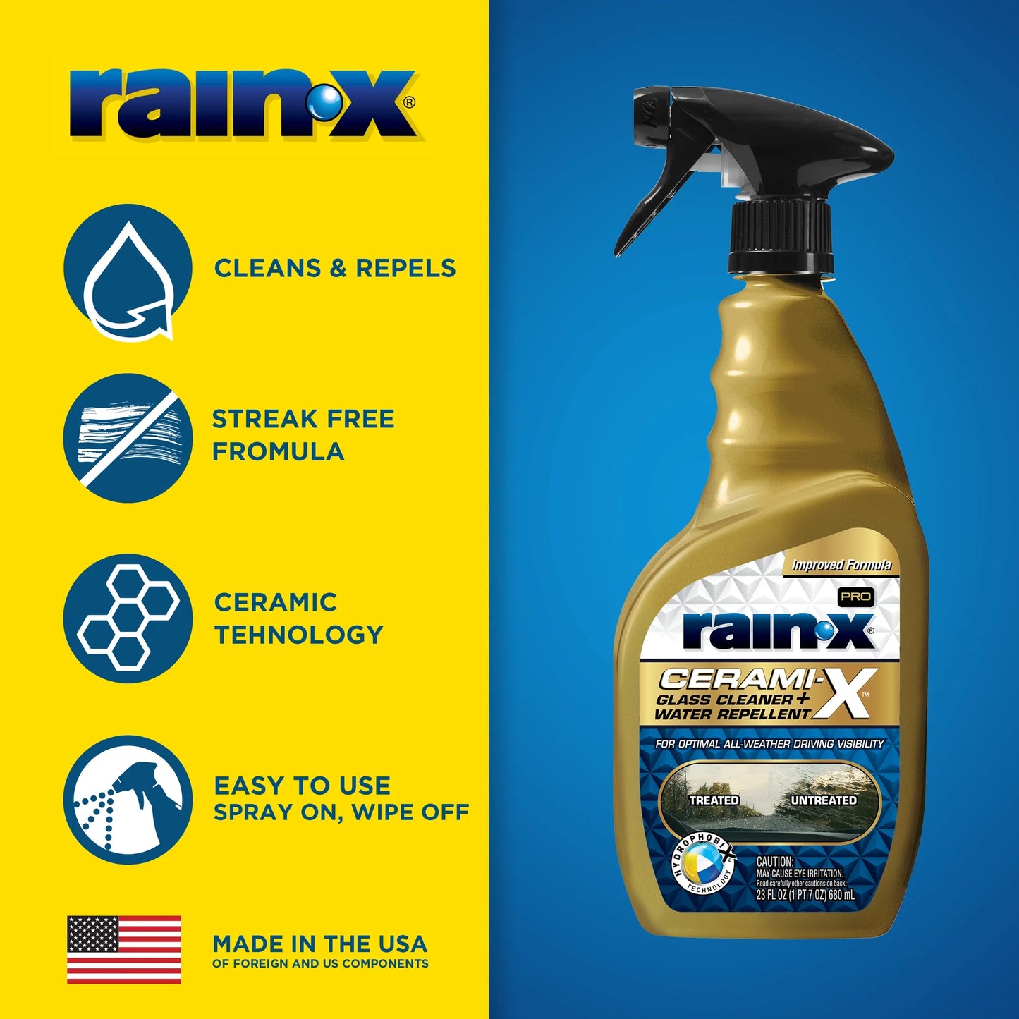 ® Cerami-X Glass Cleaner + Water Repellent, 23 .Oz - Improved Haze-Free Formula - 630177SRP