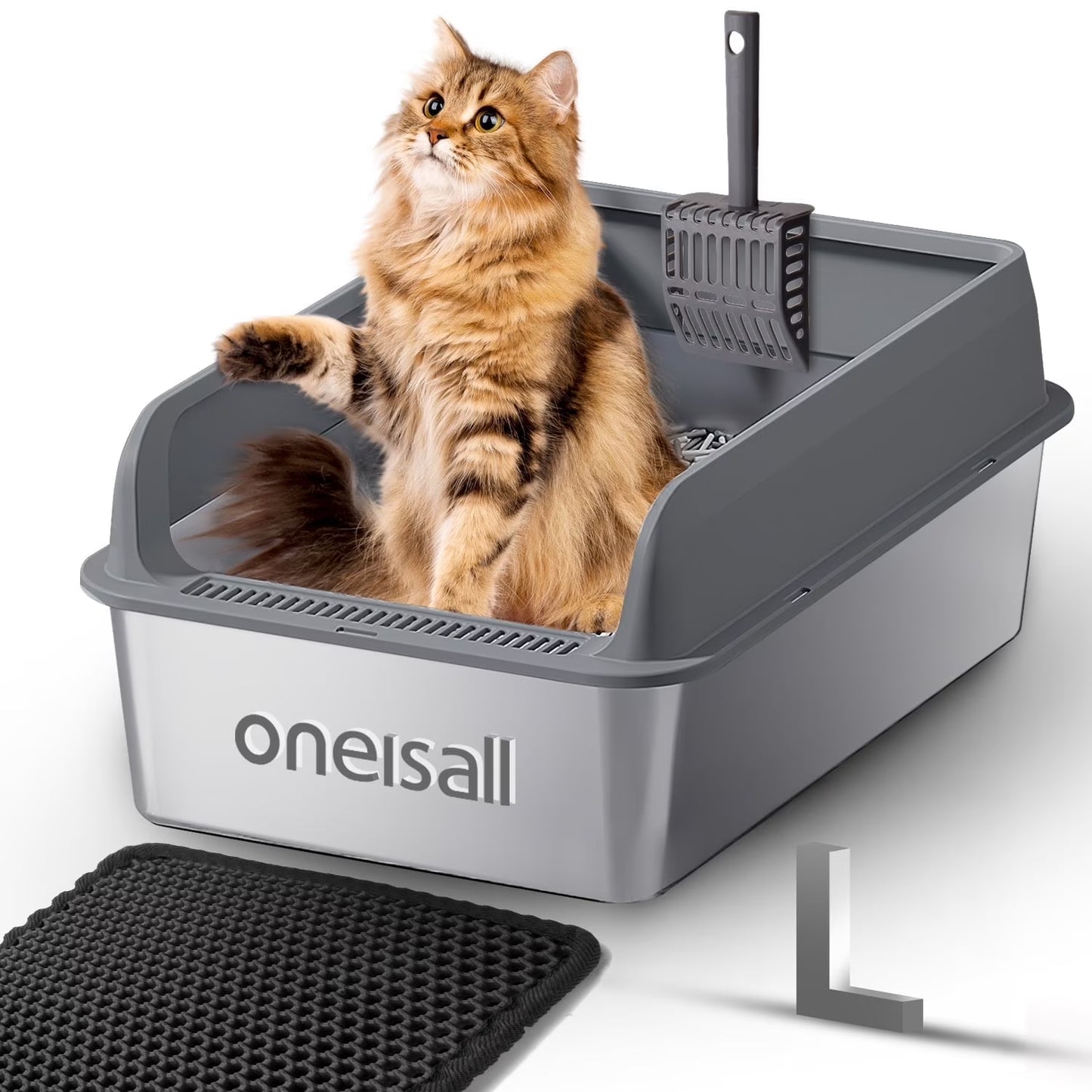 L Stainless Steel Cat Litter Box for Big Cats, MS-50 Metal Cat Litter Box with Scoop & Mat, Dark Gray