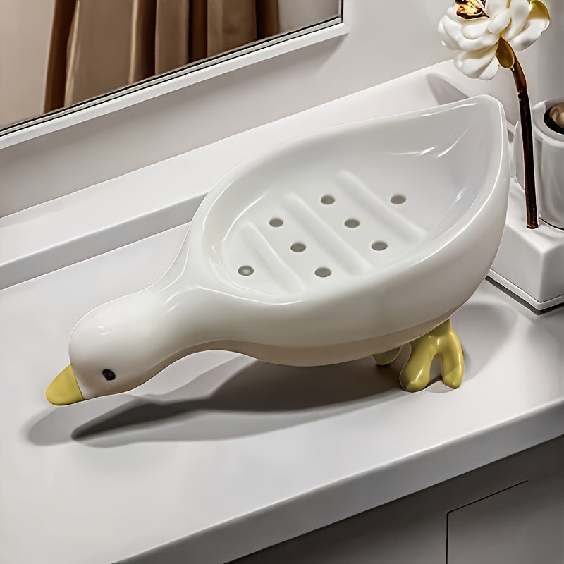 White 1-Pack Adorable Duck-Shaped Soap Dish with Efficient Drainage - Durable Plastic, Easy to Clean, Oval Design for Bathroom & Kitchen Decor, Playful Design | Easyclean Material, Soap Bar Holder