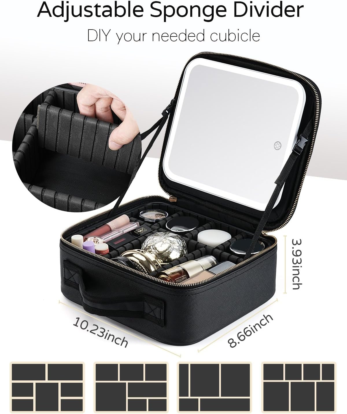 Makeup Bag with LED Mirror, Travel Makeup Case with Lighted Mirror, Portable Makeup Organizer Cosmetic Train Case for Women Adjustable Dividers Beauty Tools Accessories