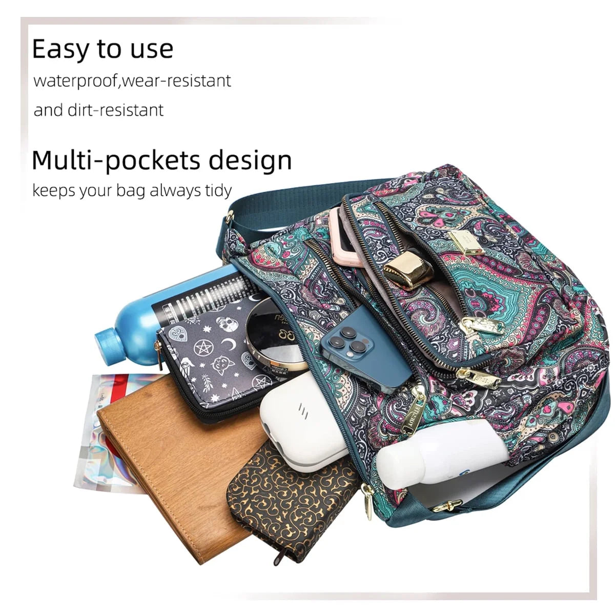 Crossbody Bag for Women Multi Pocket Shoulder Purse Bags Nylon Ladies Travel Handbag with Adjustable Straps