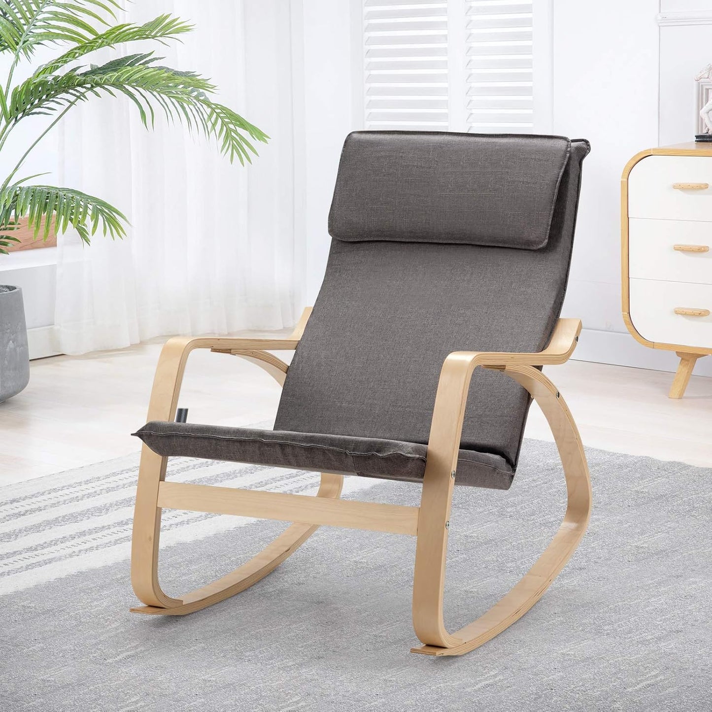 Rocking Chair with Removable Upholstered Cushion, Stable Wooden Frame Relaxing Modern Leisure Armchair Suitable for Living Room, Bedroom, Balcony, Nursery Room Ergonomic Chair (2, Gray)