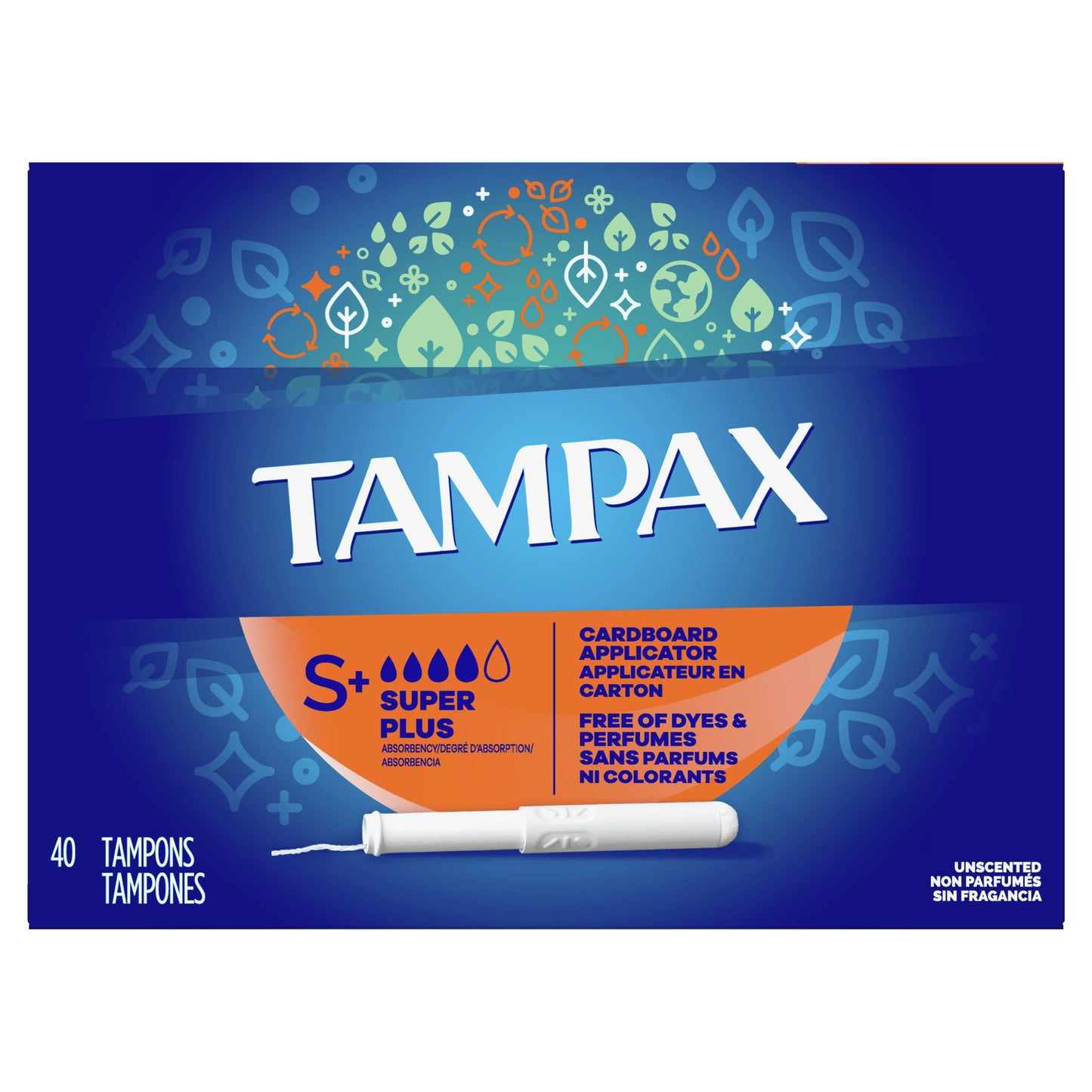 Cardboard Tampons Super plus Absorbency, Anti-Slip Grip, Leakguard Skirt, Unscented, 40 Count