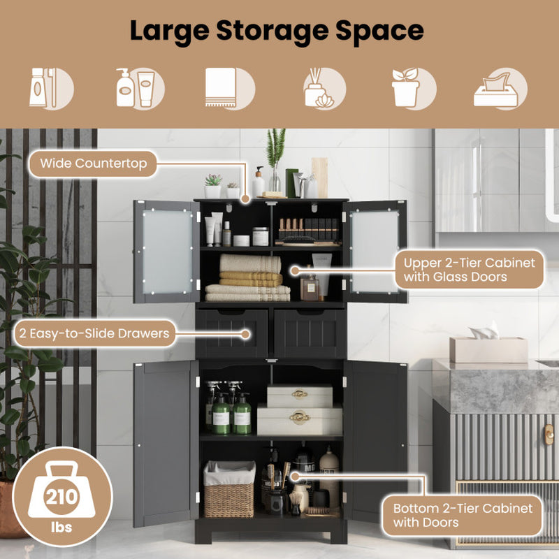 4 Door Freestanding Bathroom Floor Storage Cabinet with 2 Drawers and Glass Doors