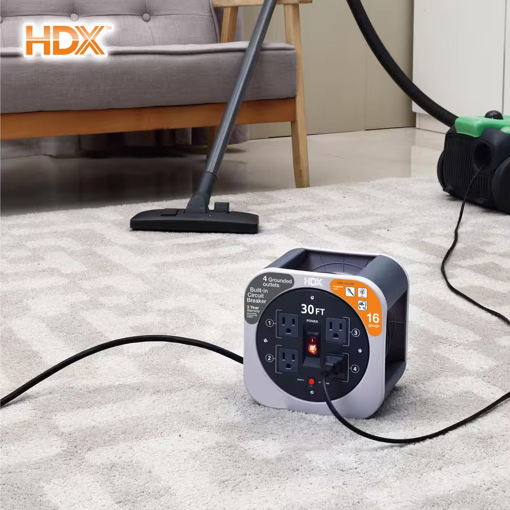 30 Ft. 16/3 Extension Cord Reel with 4 Grounded Outlets and Surge Protector in Gray