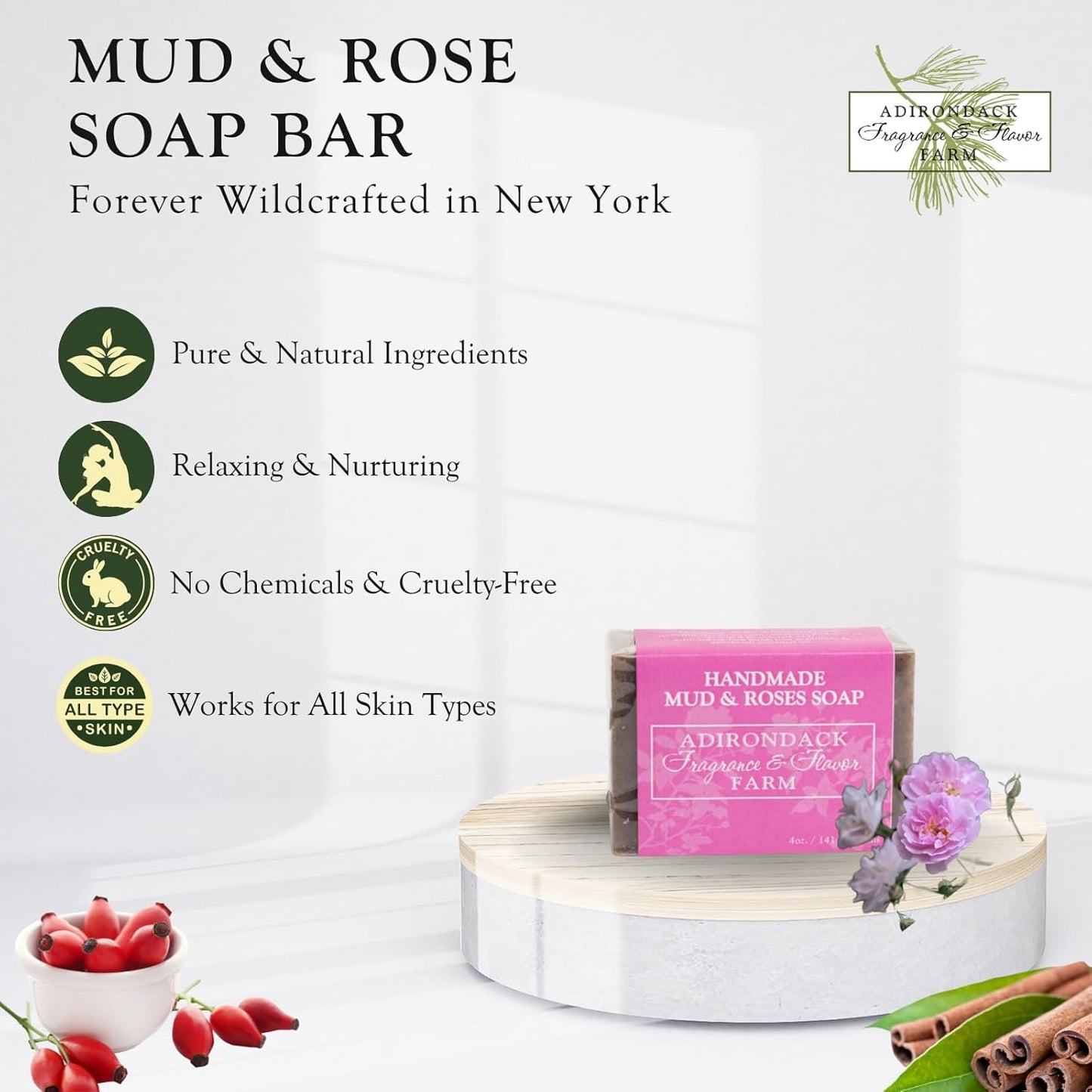 ADK Natural Mud & Rose Soap Bar 4 Oz., Handmade Vegan Olive Oil Body Soap for Dry and Sensitive Skin, Moisturising for Men, Women & Babies, Produced in the USA