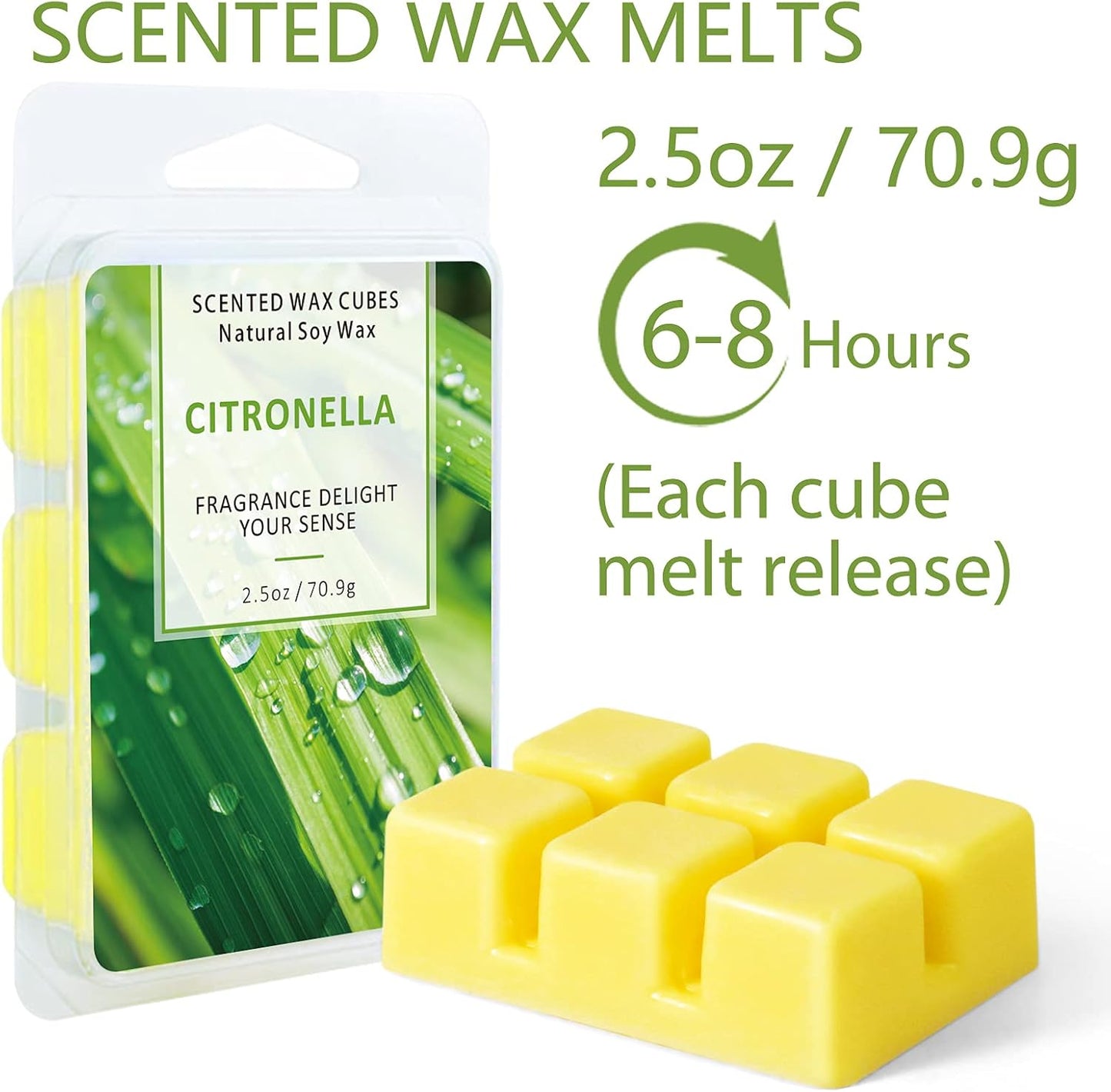Citronella Wax Melts - Citronella Wax Melts Wax Cubes for Home Scented - Lemongrass Soy Wax Melts for Summer Outdoor/Indoor (8 Packs)