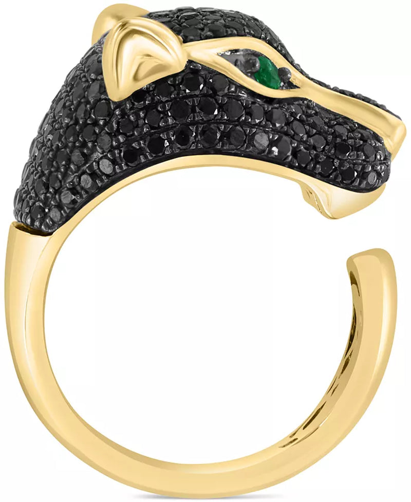 EFFY® Black Diamond (1-3/4 Ct. T.W.) & Emerald (1/10 Ct. T.W.) Panther Head Ring in 14K Gold