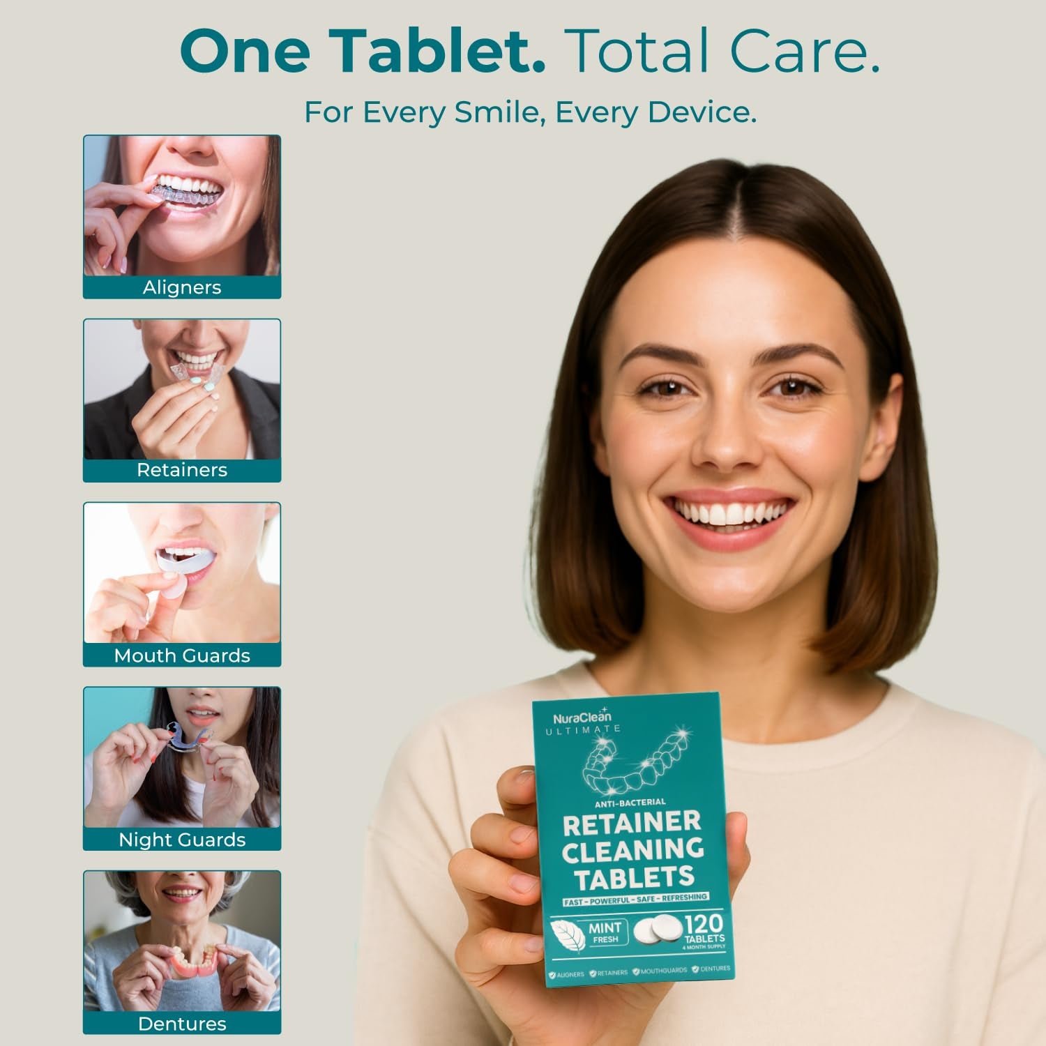 Ultimate Retainer Cleaner Tablets – 120 Count – Dental Pod, Braces, Mouthguard & Denture Cleaning – Fast-Acting, Daily Safe Formula – Freshens & Removes Stains