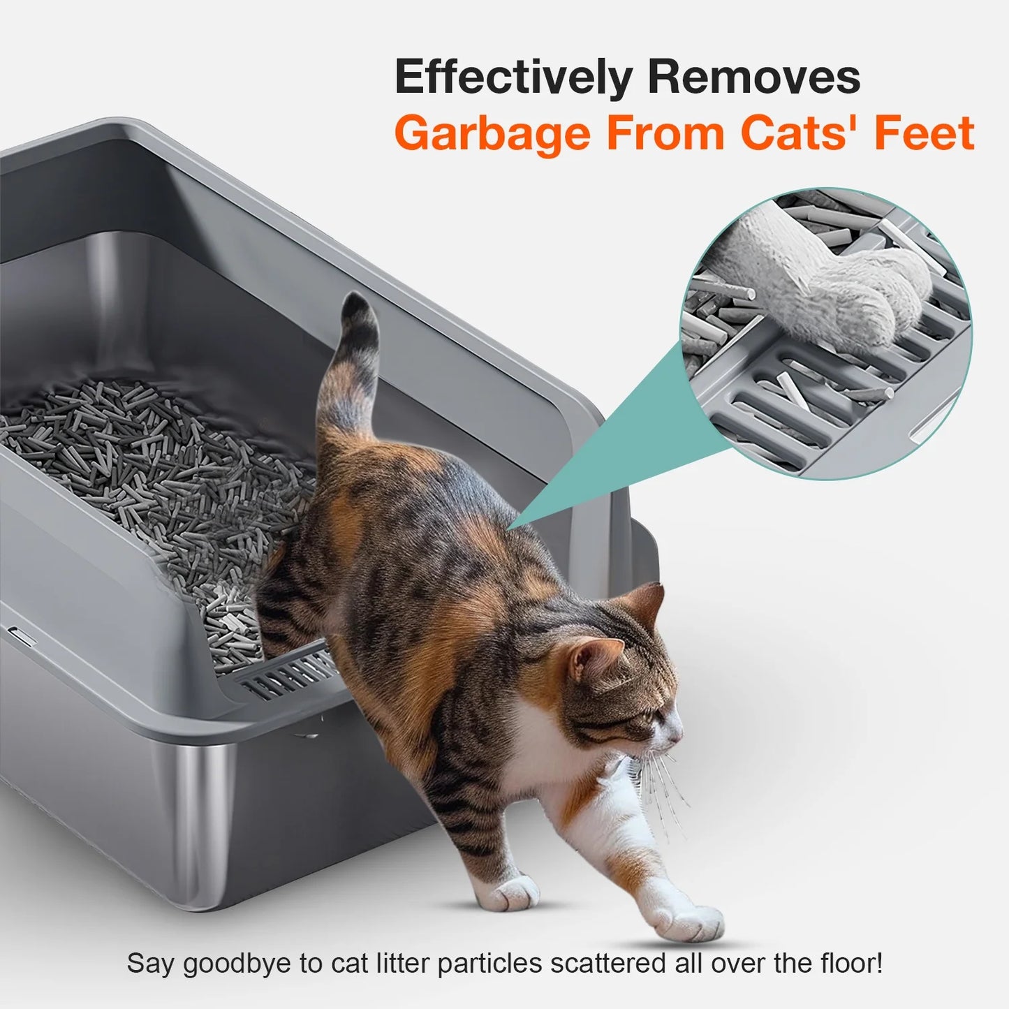 L Stainless Steel Cat Litter Box for Big Cats, MS-50 Metal Cat Litter Box with Scoop & Mat, Dark Gray