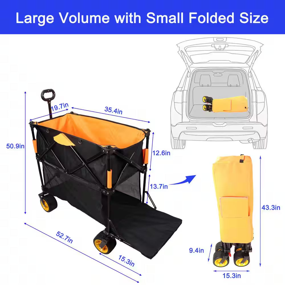 14.13 Cu. Ft. Big Large Capacity Metal Folding Garden Cart Extra Long Extender Folding Wagon Shopping Beach Cart