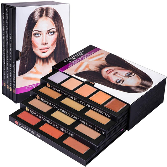 4-Layer Contour and Highlight Makeup Kit - Set of Concealer Palette, Color Corrector, Makeup Foundation Palette, Contour Highlight, and Blush Palettes Sets
