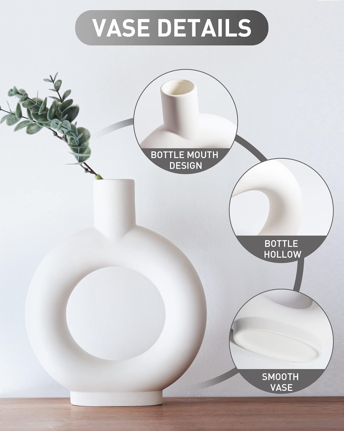 Modern White Ceramic Vase - Decorative Hollow Donut Floral Vase Home Decor Centerpieces, Flower Vase for Living Room, Kitchen, Office, Table, Bookshelf, Wedding Decor (White)