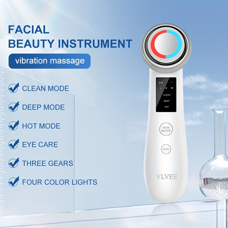 Vlvee Facial Beauty Instrument: Vibrating Massage with Four Color LED Lights - Clean, Deep, Hot, And Eye Care Modes - USB Charged, No Fragrance