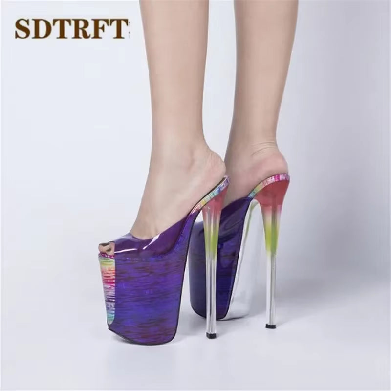 Shoes Woman Shallow Mouth Slipper Peep Toe 22Cm Thin Heels Wedding Pumps Sapato Feminino Transparent Stilettos US14 15 16