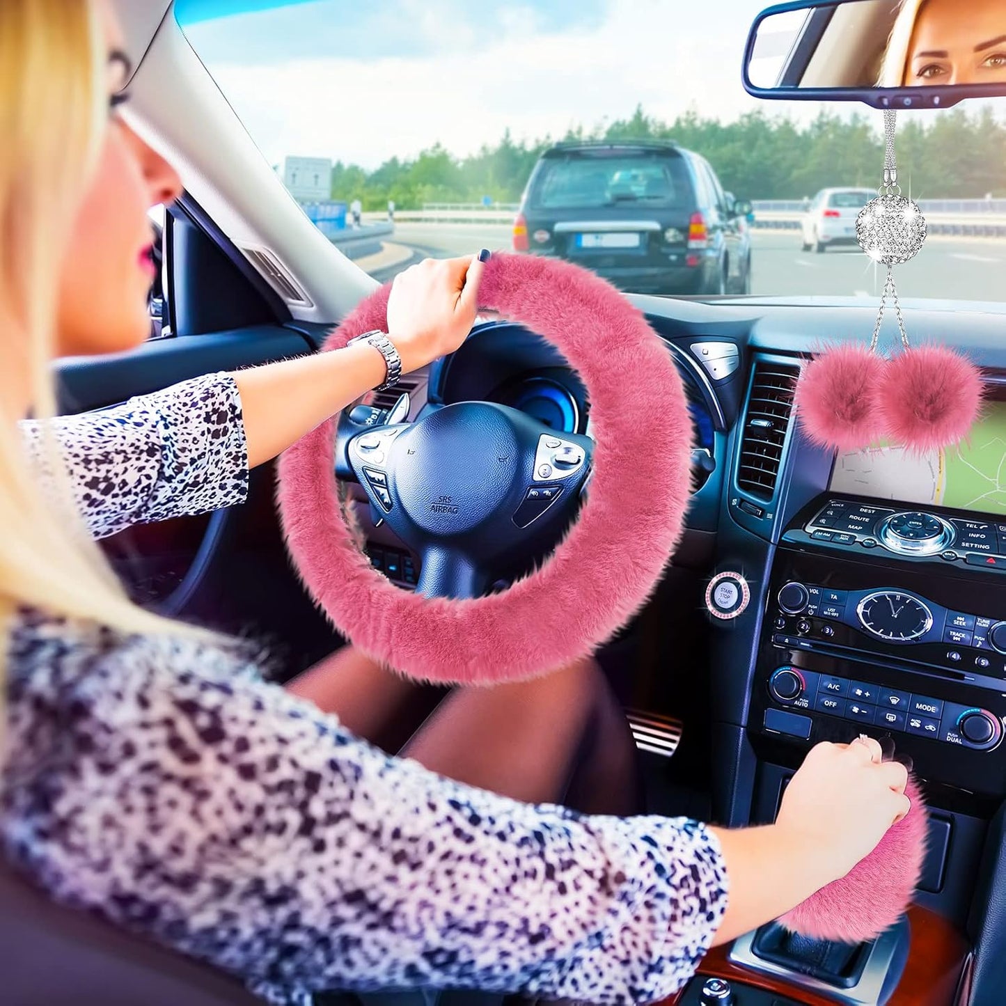17 Pcs Car Seat Cover Full Set for Women Fluffy Fuzzy Car Accessories Christmas Front Rear Steering Wheel Fleece Handbrake Shift Covers Hanging Accessory Holder Ring Emblem(Pink Black)