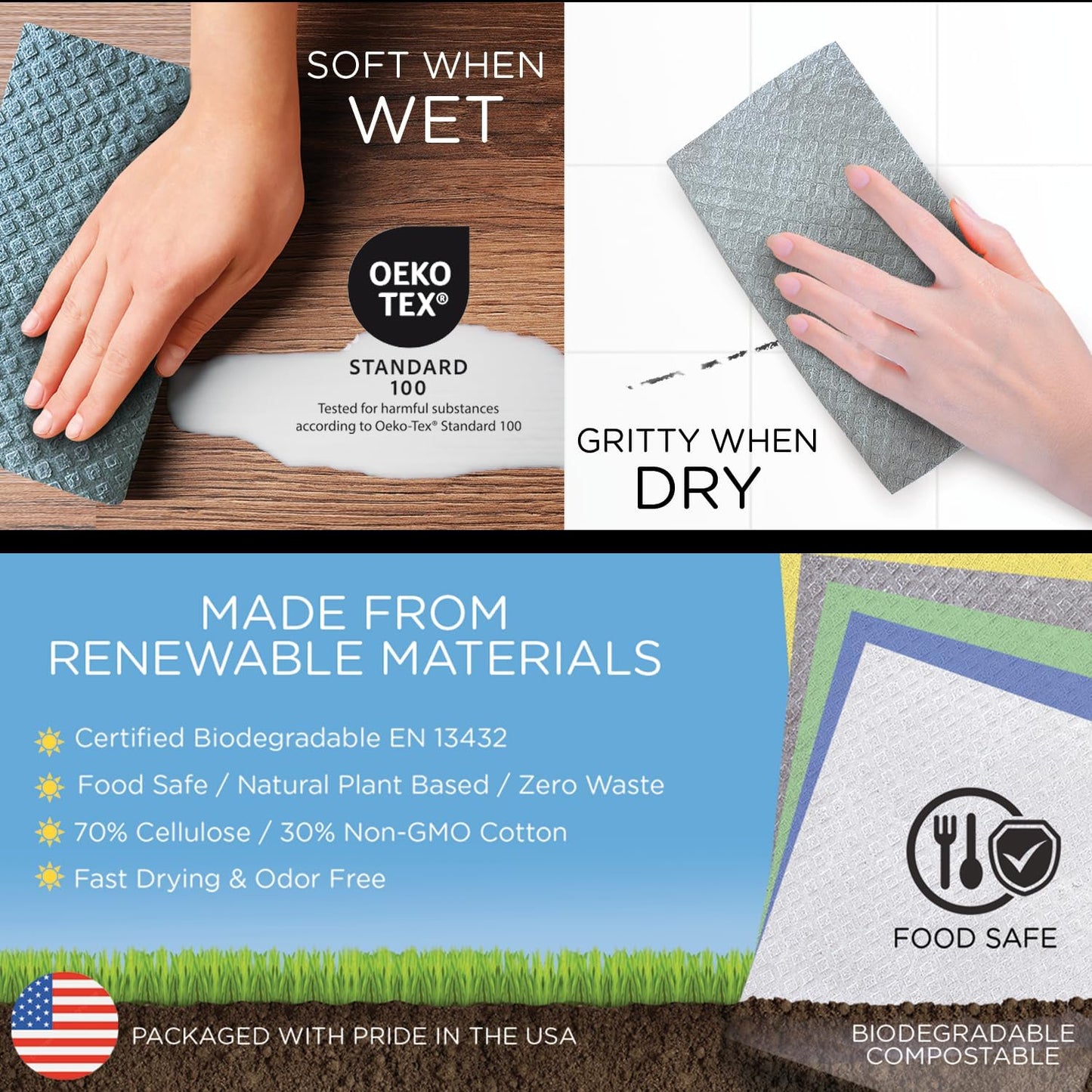 Wowables XL Swedish Dishcloths, 30 Reusable Eco Cleaning Cloths, 11" X 10", Ultra Absorbent Cellulose Sponge Towel, Compostable, Made in Germany